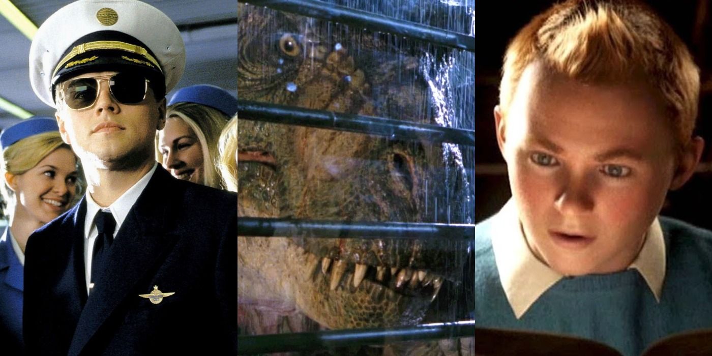 Split image of Frank in Catch Me If You Can, a T-rex in The Lost Word Jurassic Park, and Tintin in The Adventures of Tintin