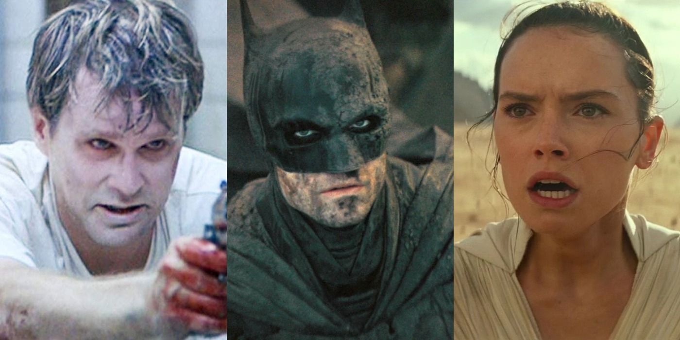 Split image of Gordon in Saw, Batman in The Batman, and Rey in Star Wars Rise of Skywalker