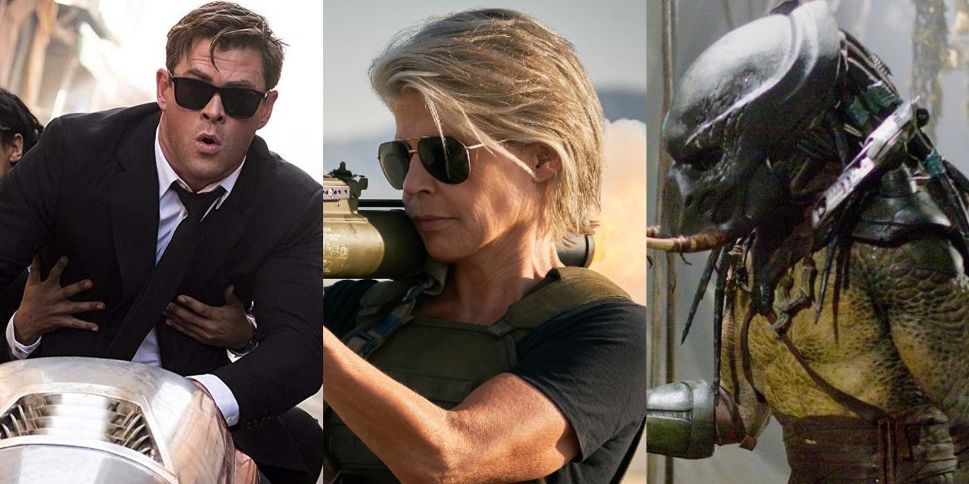 Split image of H in Men In Black International, Sarah in Terminator Dark Fate, and Predator in Predators
