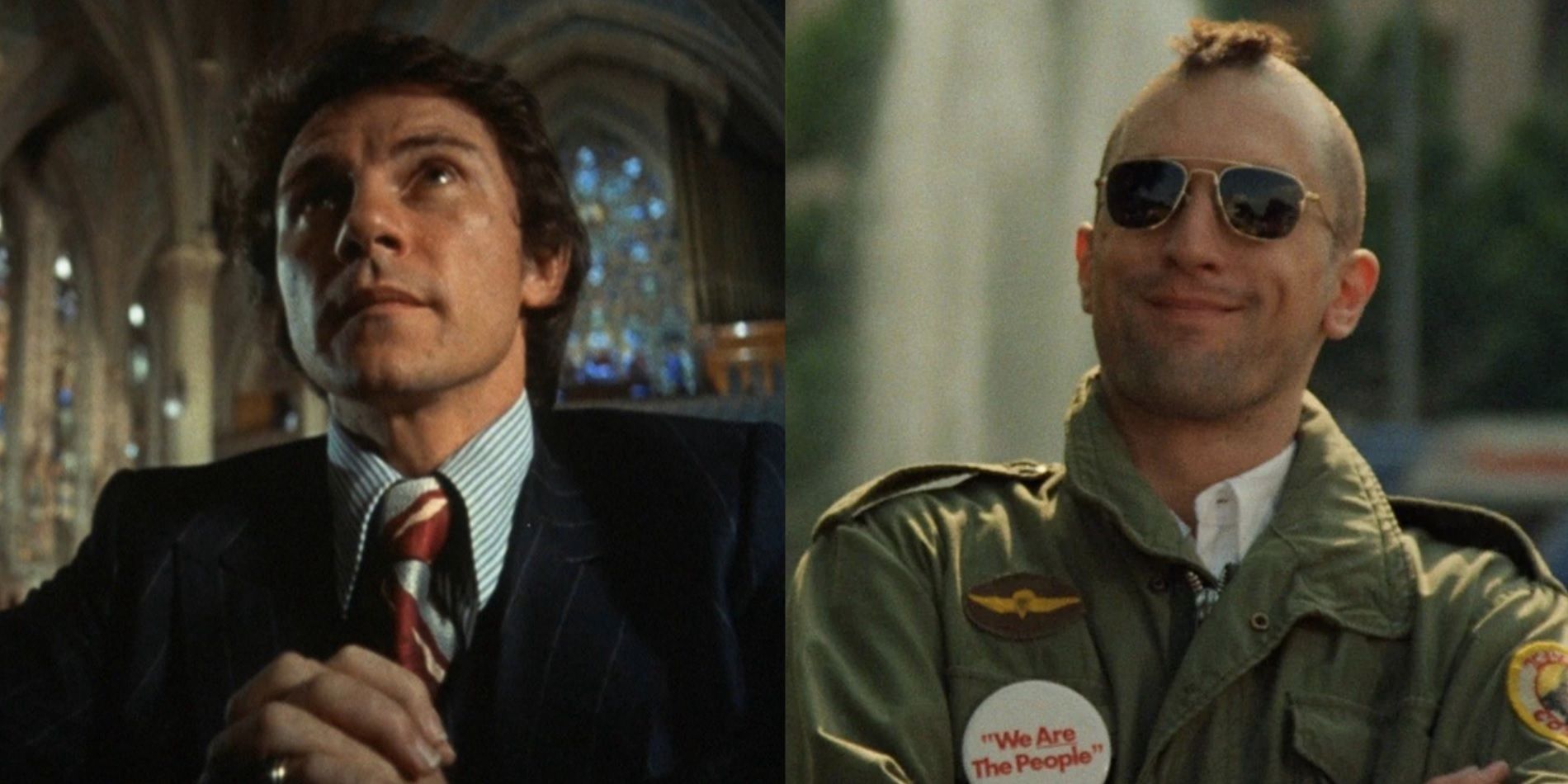 Split image of Harvey Keitel in Mean Streets and Robert De Niro in Taxi Driver
