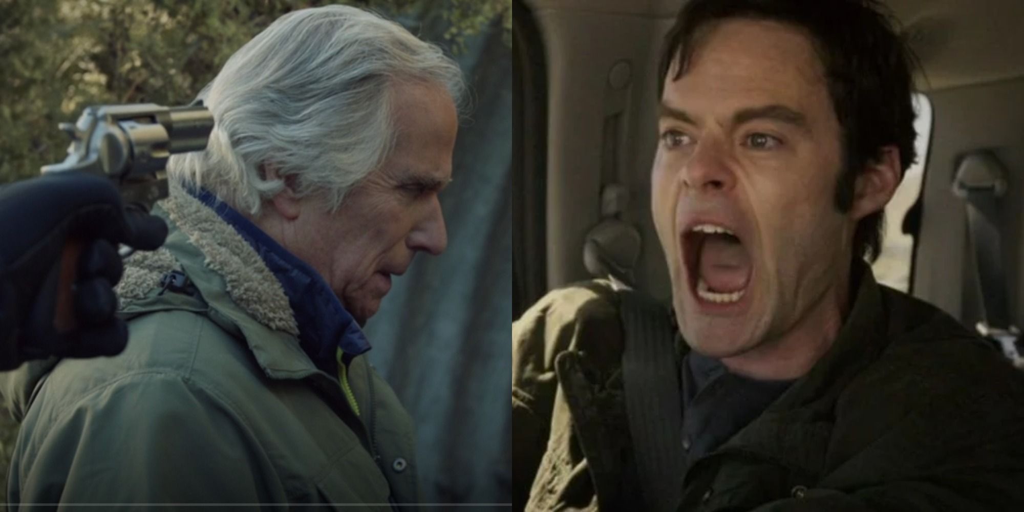 Split image of Gene Cousineau (Henry Winkler) with a gun to his head beside Barry (Bill Hader) screaming in HBO's Barry