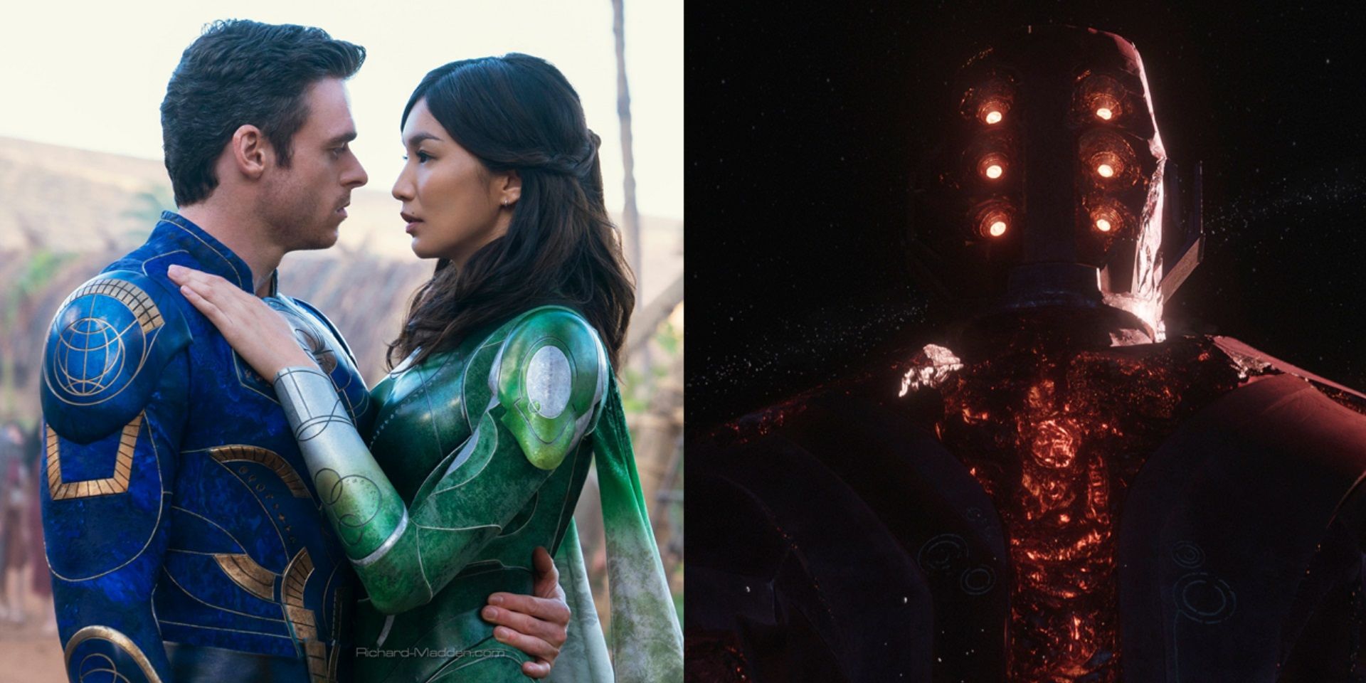 Split image of Ikaris and Sersi embracing each other and Arishem in space in Eternals
