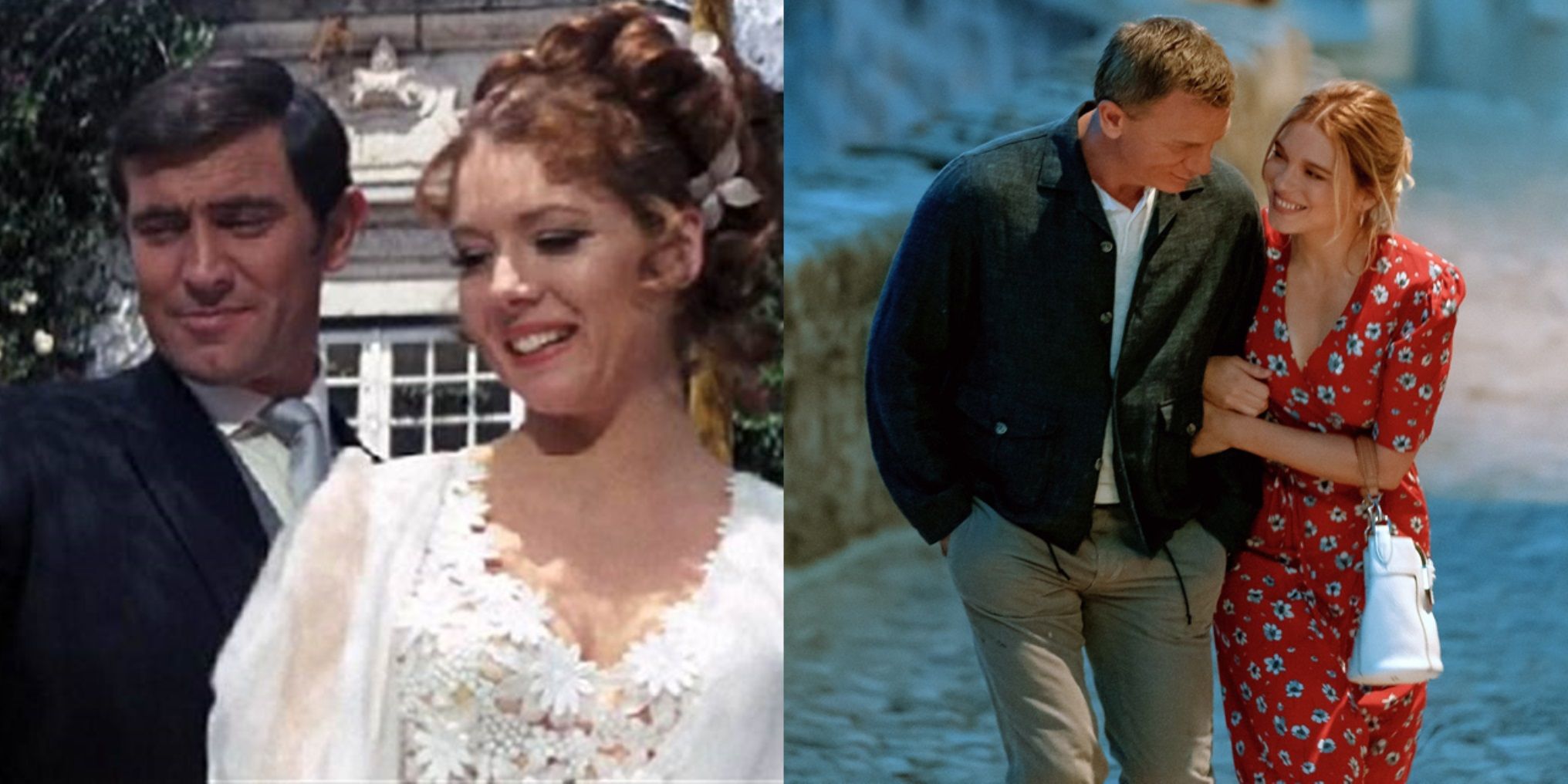 Split image of James Bond at his wedding with Tracy in On Her Majesty's Secret Service and on vacation with Madeleine in No Time to Die