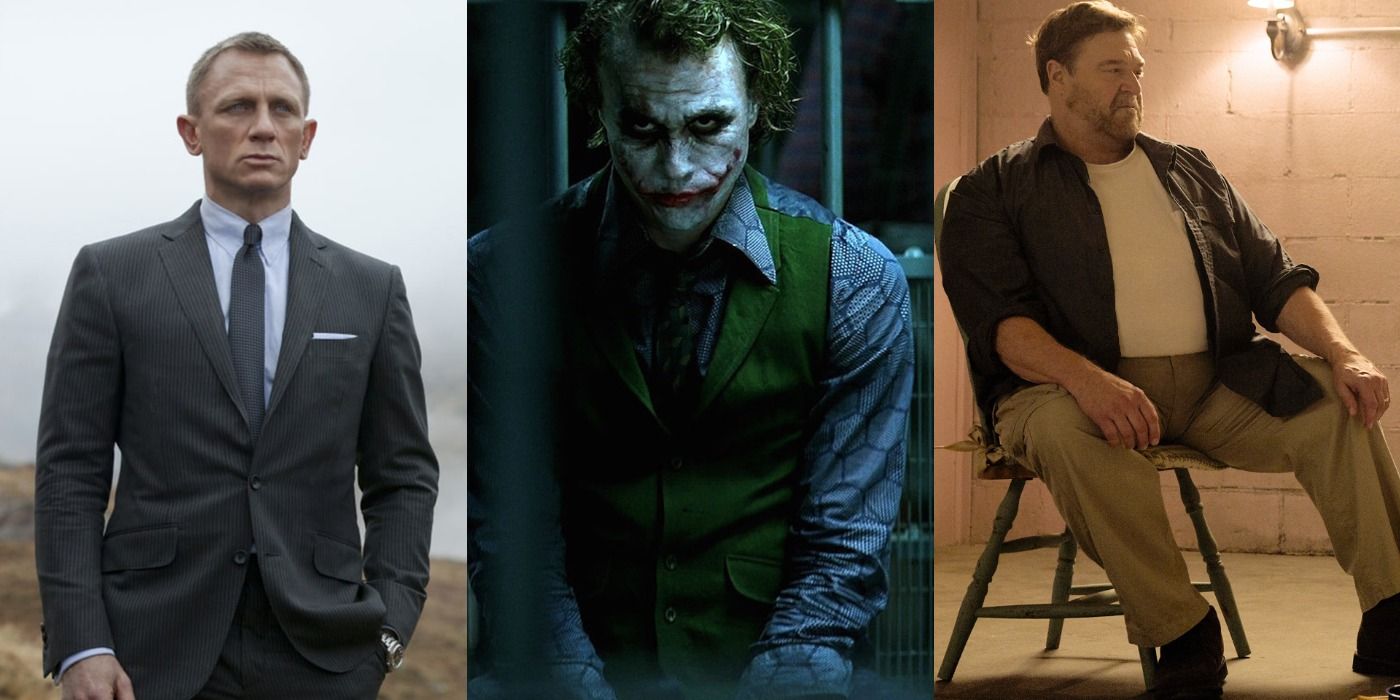 Split image of James Bond in Skyfall, Joker in The Dark Knight, and John Goodman in 10 Cloverfield LAne