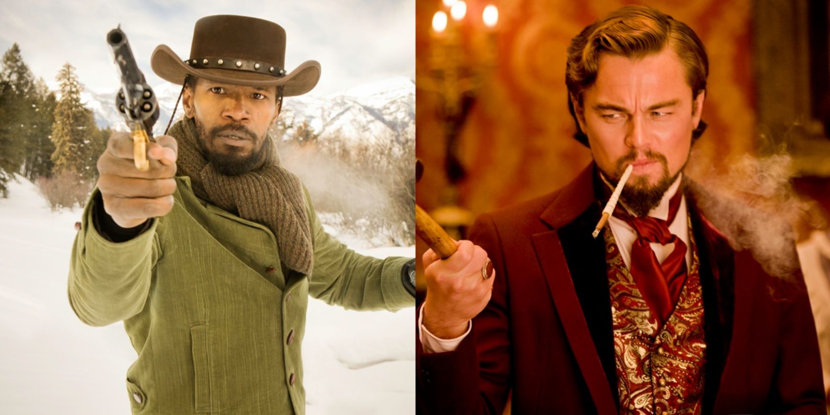 Split image of Jamie Foxx with a gun and Leonardo DiCaprio with a hammer in Django Unchained