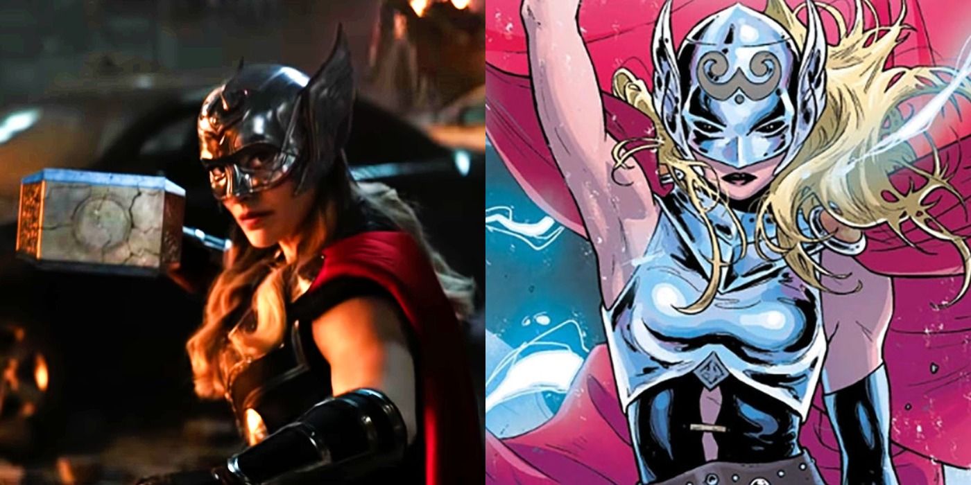 Split image of Jane Foster Thor from the MCU and Marvel Comics.