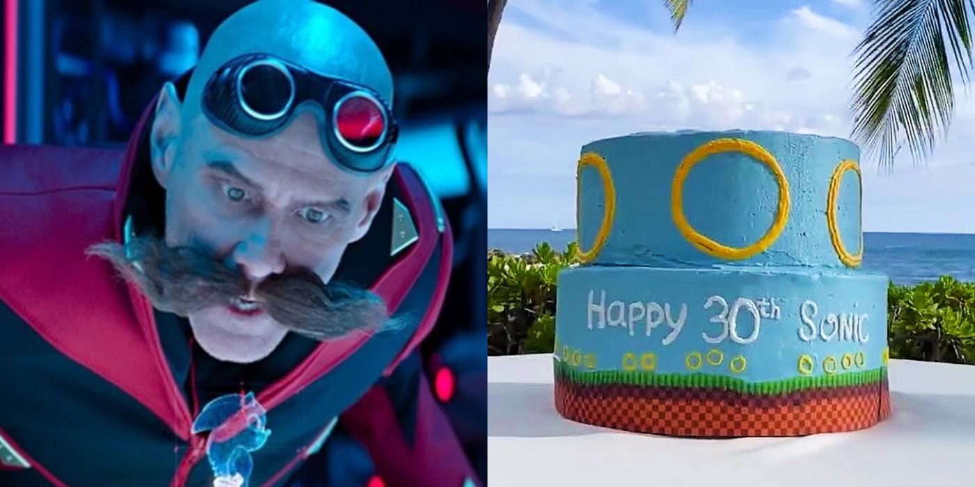 Split image of Jim Carrey in Sonic the Hedgehog 2 and Sonic's 30th birthday cake