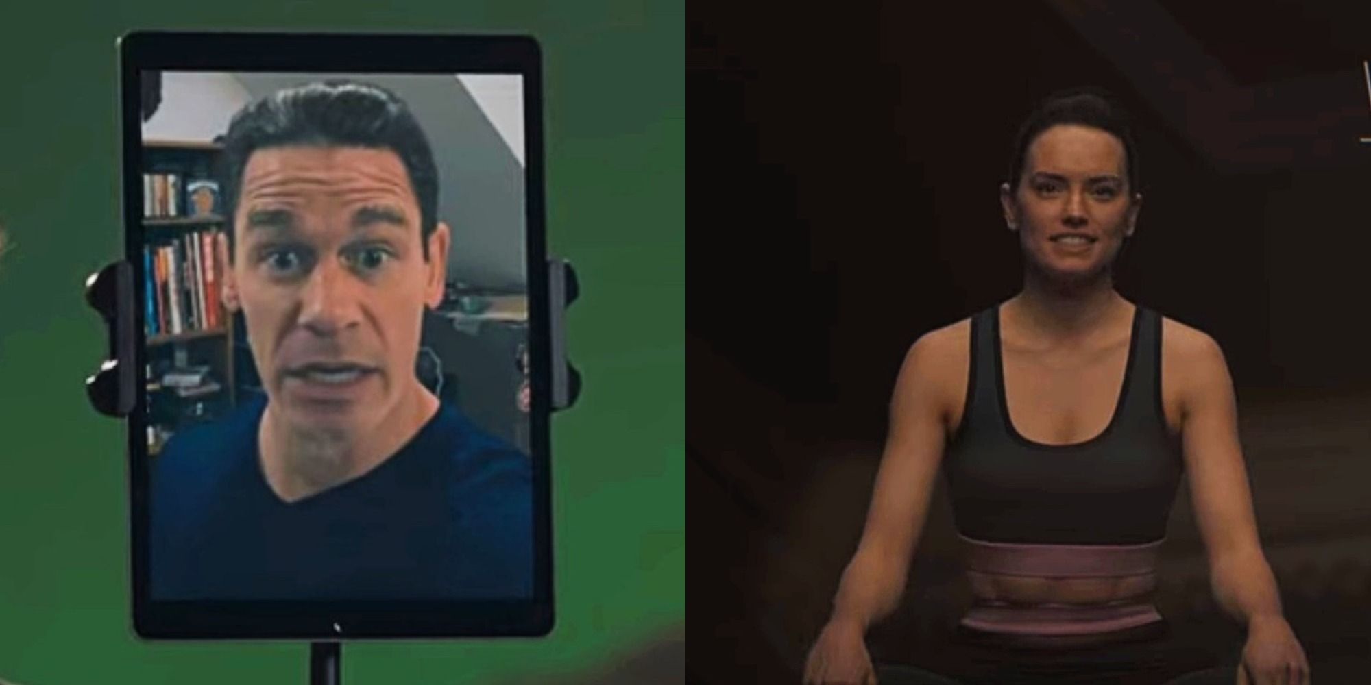 Split image of John Cena as Steve and Daisy Ridley as Kate in The Bubble