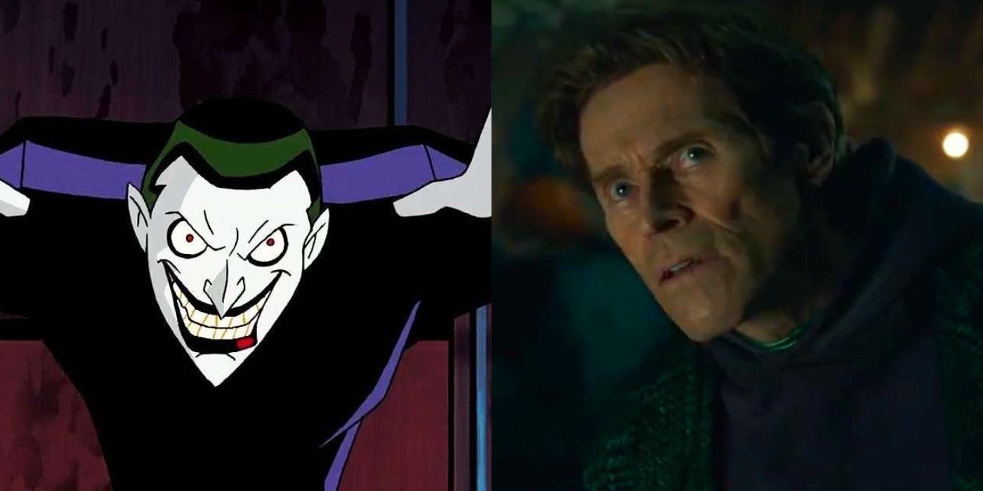 Split image of Joker in Batman Beyond and Willem Dafoe in Spider-Man No Way Home