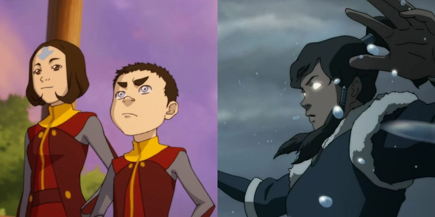 Split image of Korra in Avatar state, Meelo and Jinora in Legend Of Korra