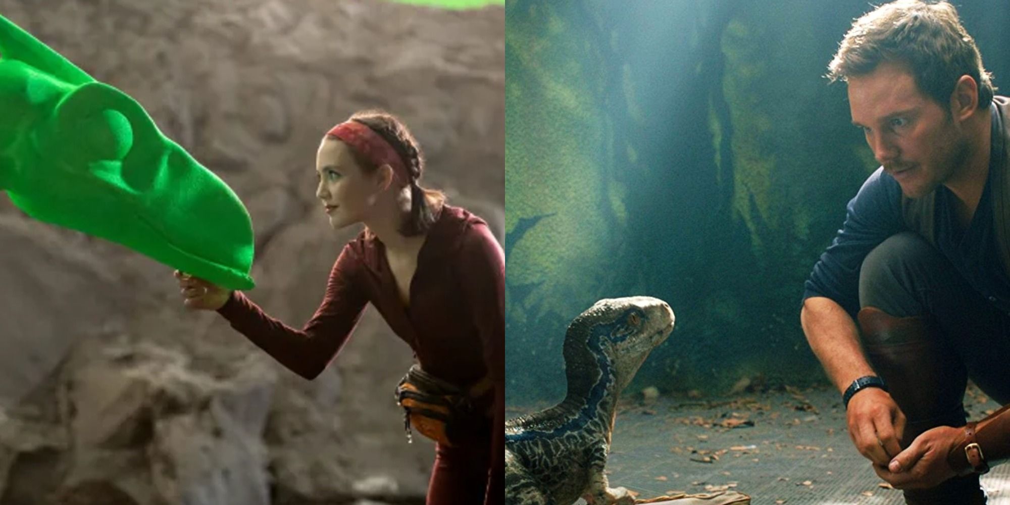 Split image of Krystal Kris with a dinosaur in The Bubble and Owen Grady with a baby Blue in Jurassic World Dominion