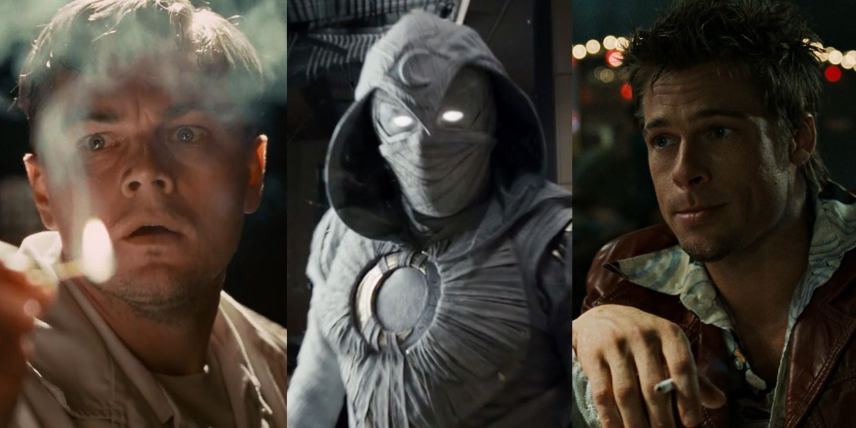 Split image of Leonardo DiCaprio in Shutter Island, Oscar Isaac in Moon Knight, and Brad Pitt in Fight Club