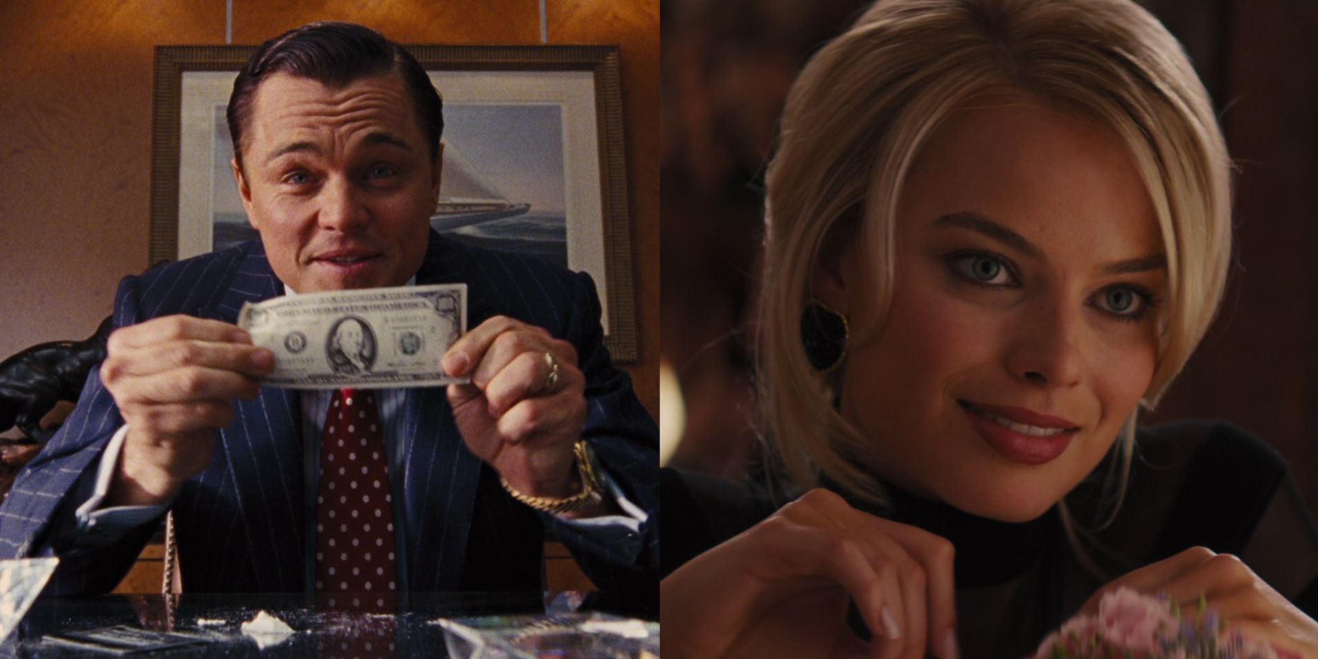 Split image of Leonardo DiCaprio with money and Margot Robbie in a restaurant in The Wolf of Wall Street