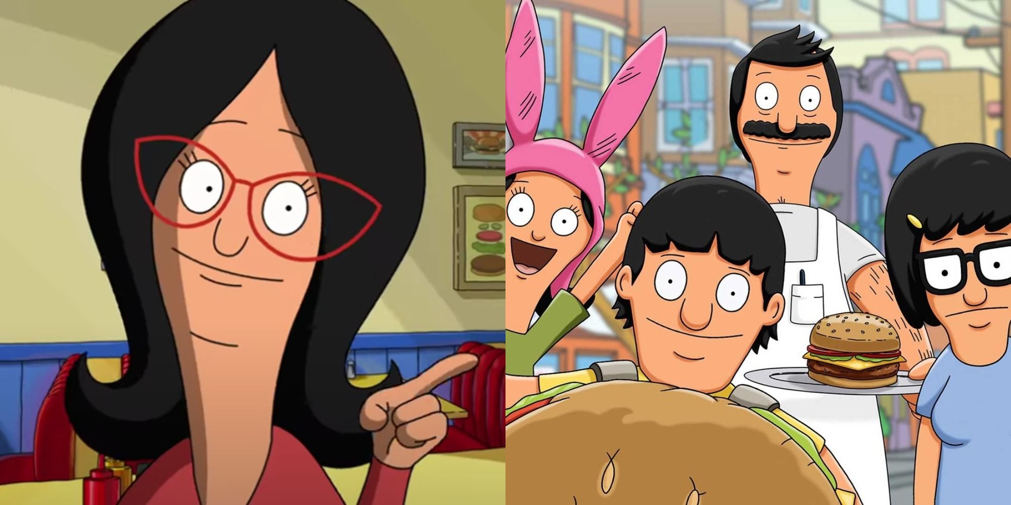 Split image of Linda Belcher making a finger gun and Louise, Gene, Bob, and Tina Belcher from The Bob's Burgers Movie