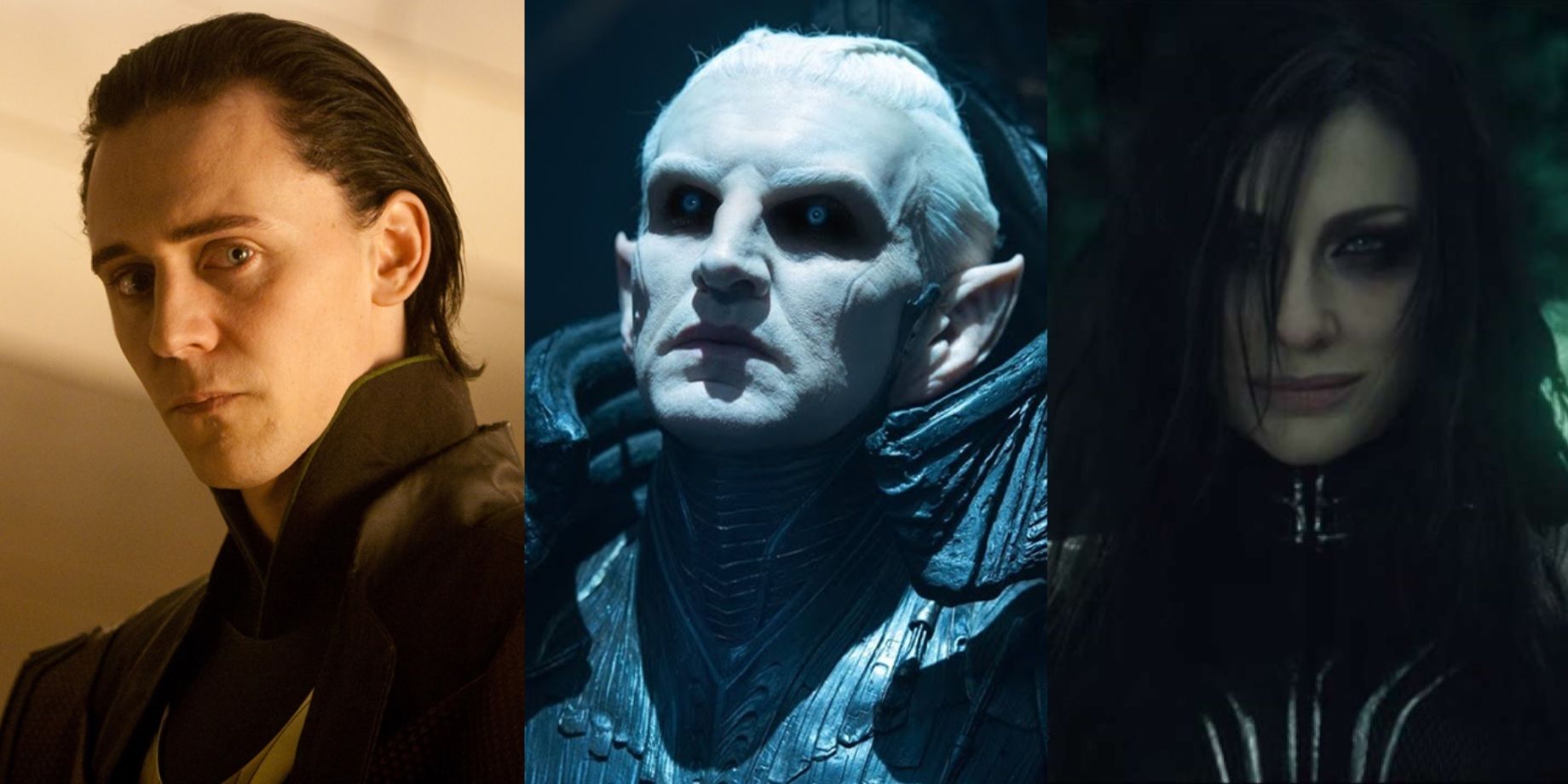 Split image of Loki in Thor, Malekith in Thor The Dark World, and Hela in Thor Ragnarok