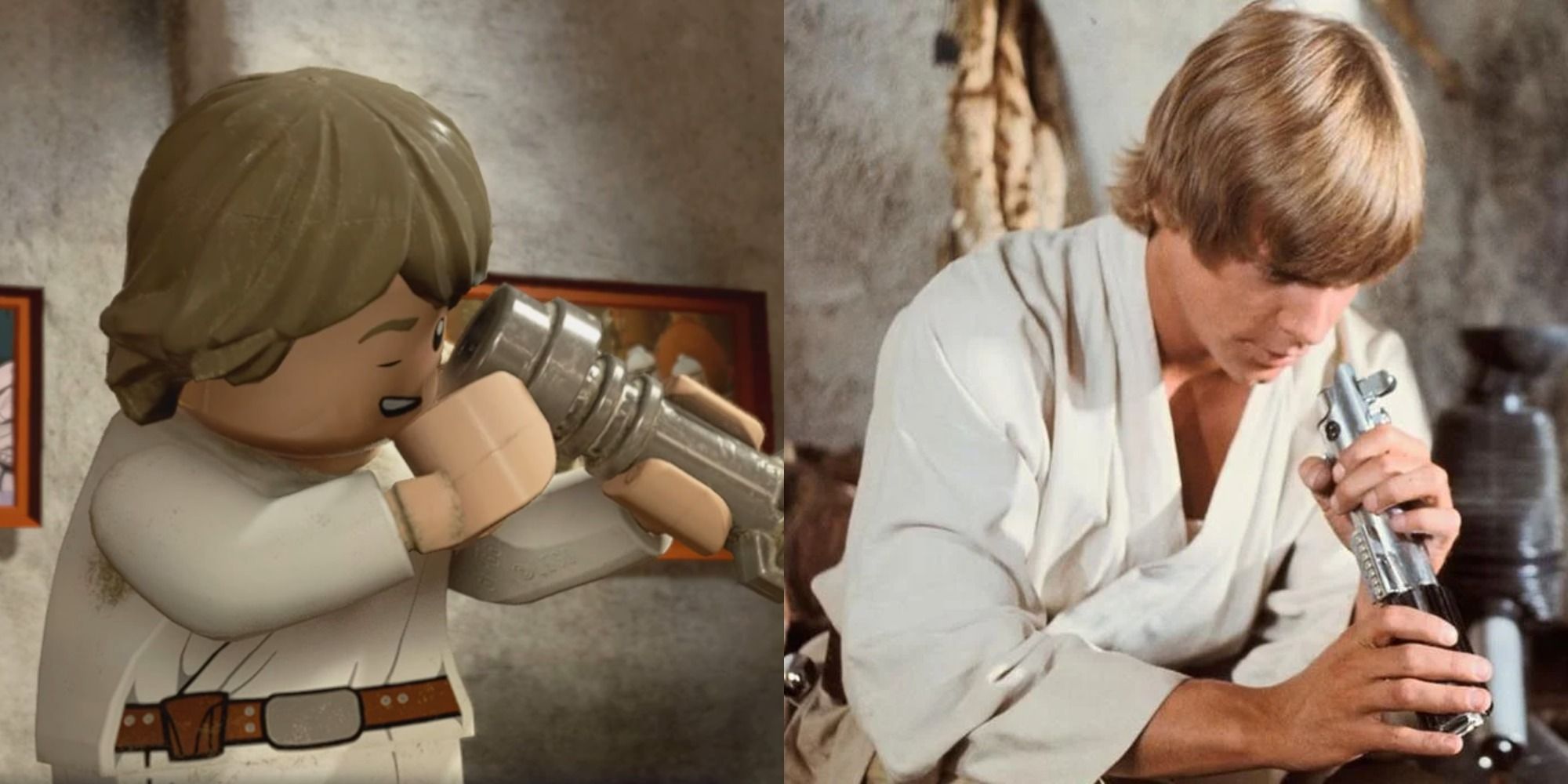 Split image of Luke Skywalker staring down the emitter of a lightsaber in LEGO Star Wars The Skywalker Saga and A New Hope