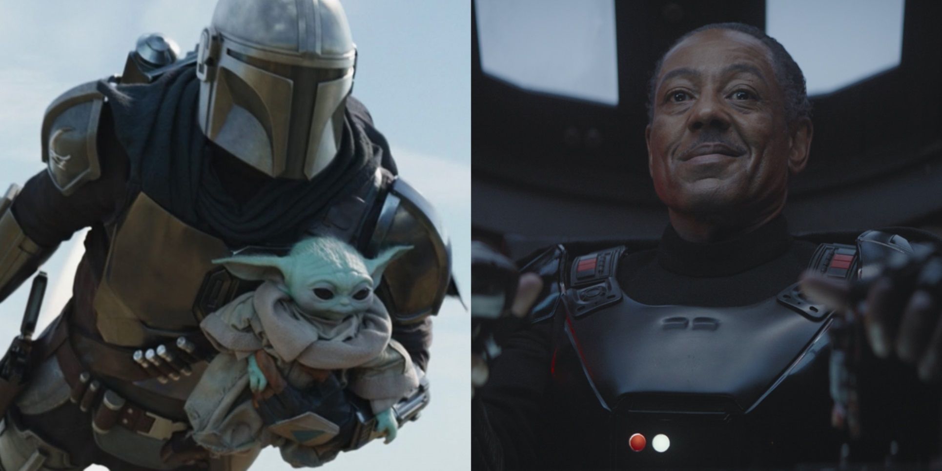 Split image of Mando and Grogu flying and Moff Gideon in a TIE fighter in The Mandalorian