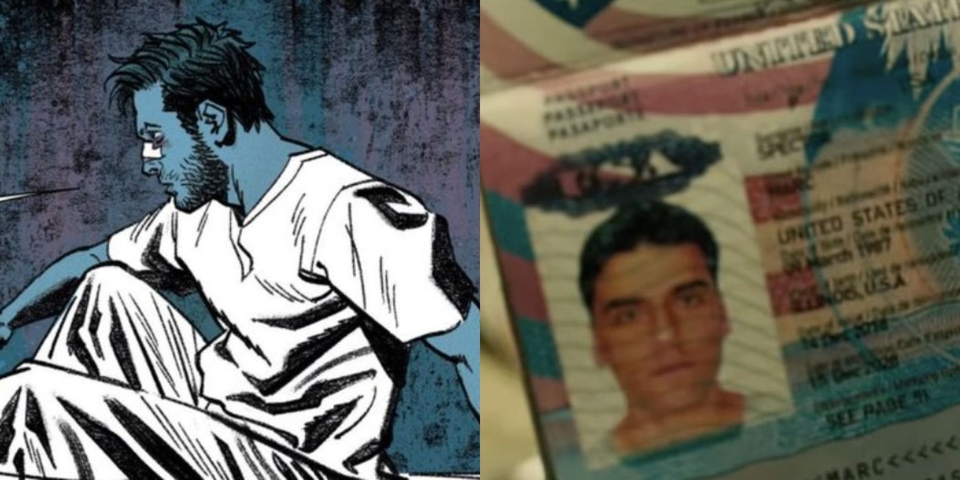 Split image of Marc Spector from Marvel Comics and his passport from MCU.