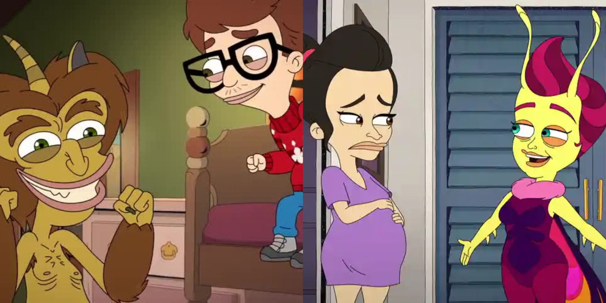 Split image of Maury and Andrew in Big Mouth and Becca and Emmy on Human Resources