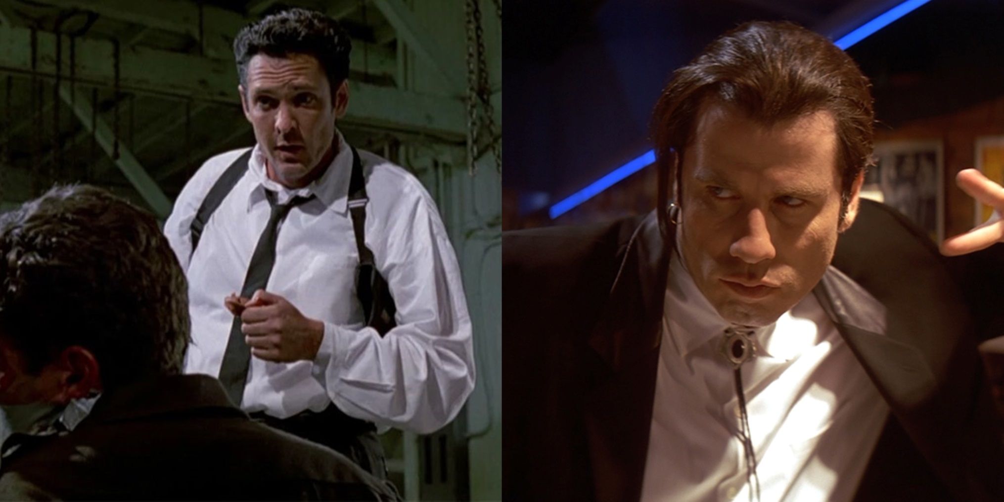 Split image of Michael Madsen in Reservoir Dogs and John Travolta in Pulp Fiction