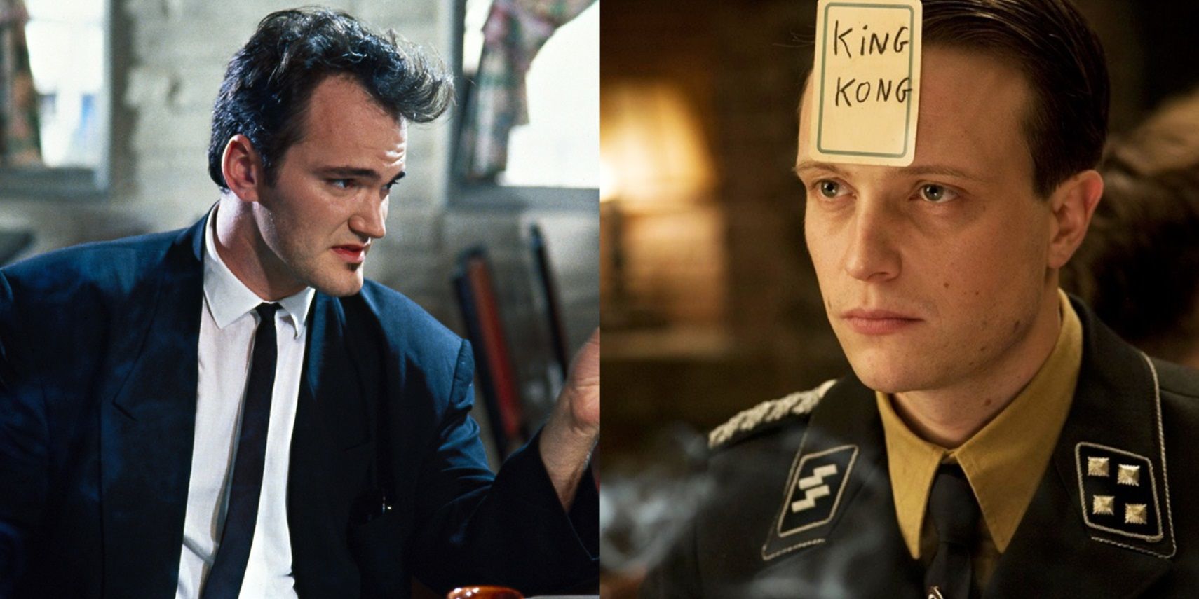 Split image of Mr Brown in a diner in Reservoir Dogs and a German officer playing the Name Game in Inglourious Basterds