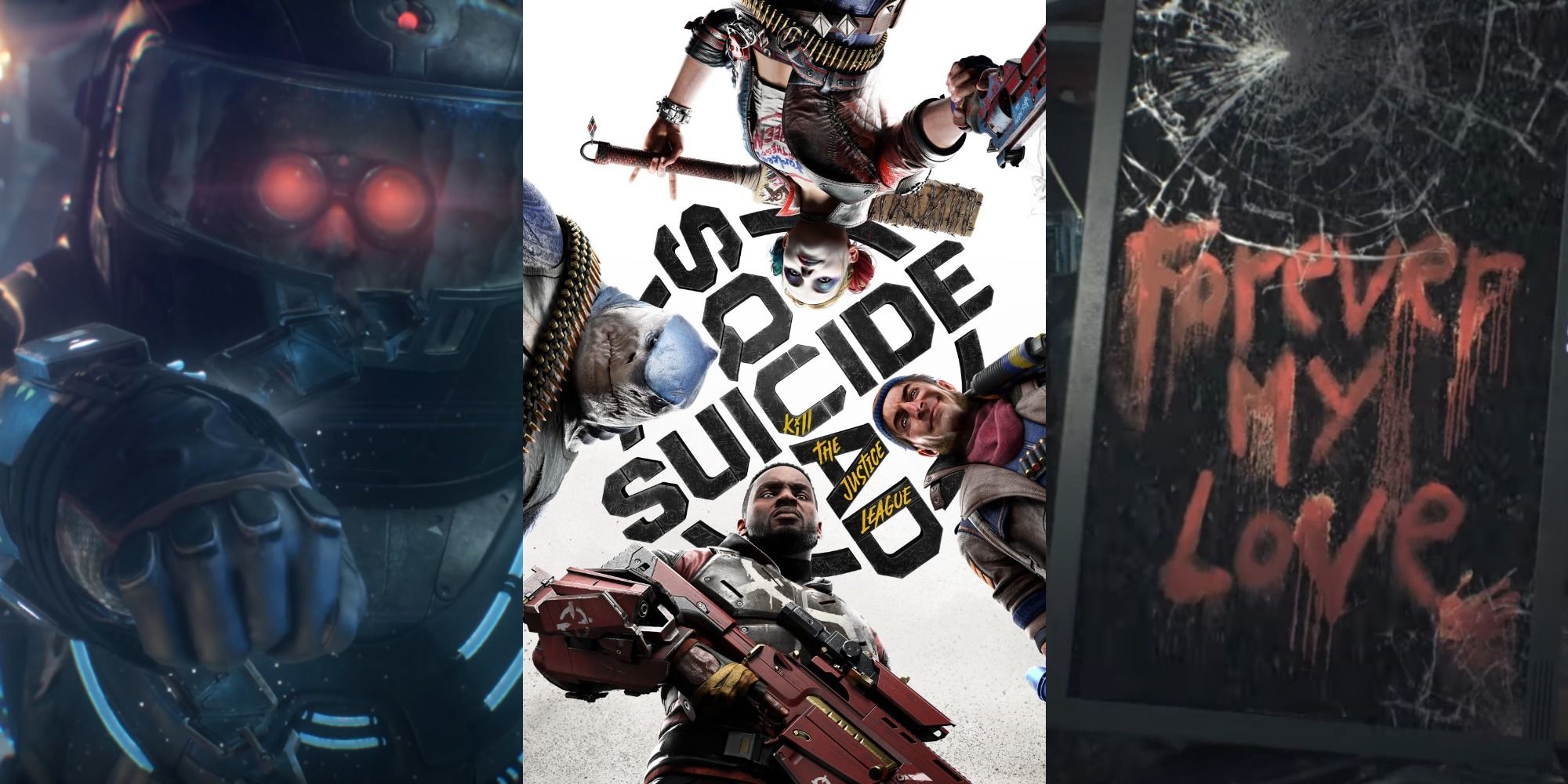 Split image of Mr. Freeze in Arkham Knight, Suicide Squad Kill The Justice League cover, and mysterious bloody message in Batman Arkham Knight