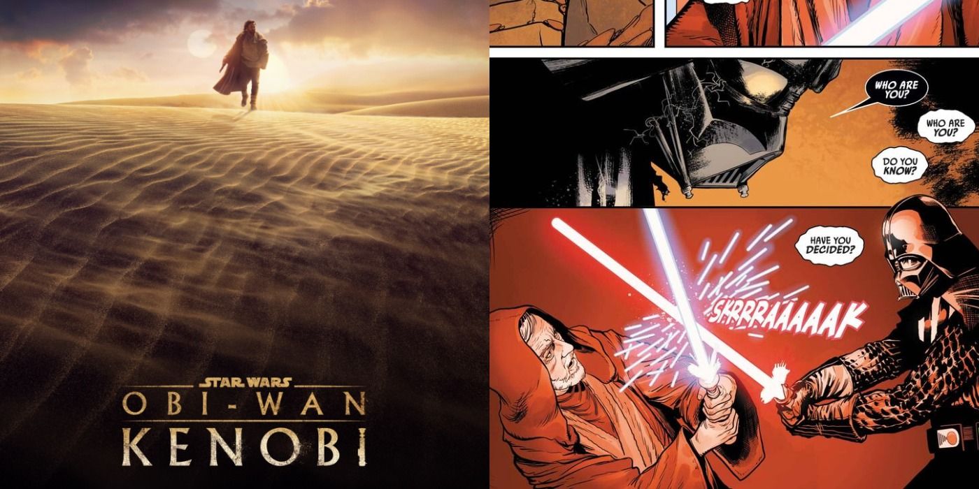 Split image of Obi-Wan Kenobi TV show & Obi-Wan Vs Darth Vader in Darth Vader 2020 comic