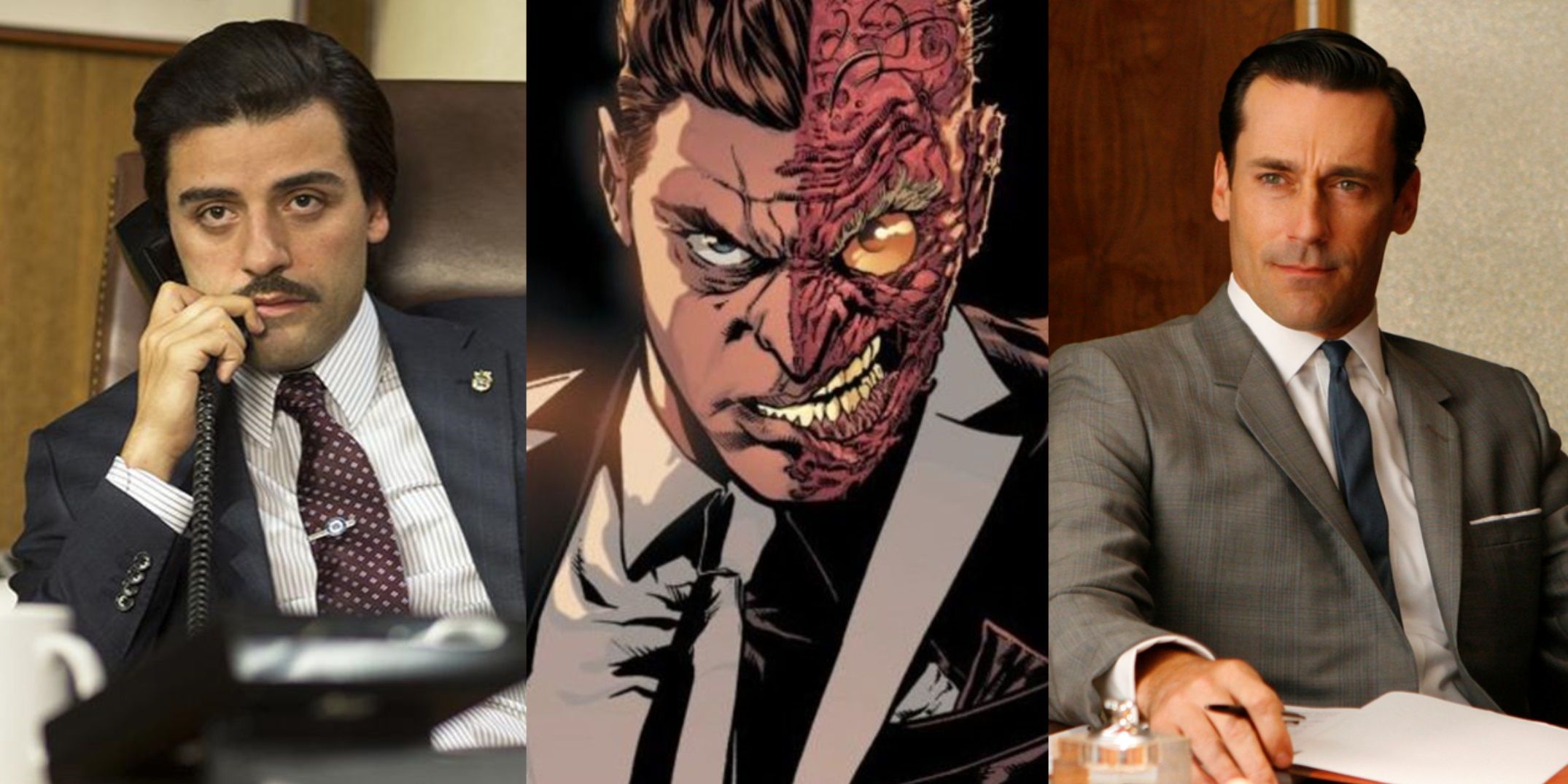 Split image of Oscar Isaac in Show Me a Hero, Two-Face in the DC comics, and Jon Hamm in Mad Men