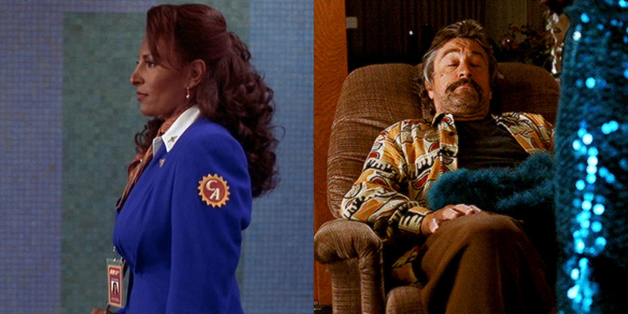 Split image of Pam Grier on a moving walkway and Robert De Niro in a chair in Jackie Brown