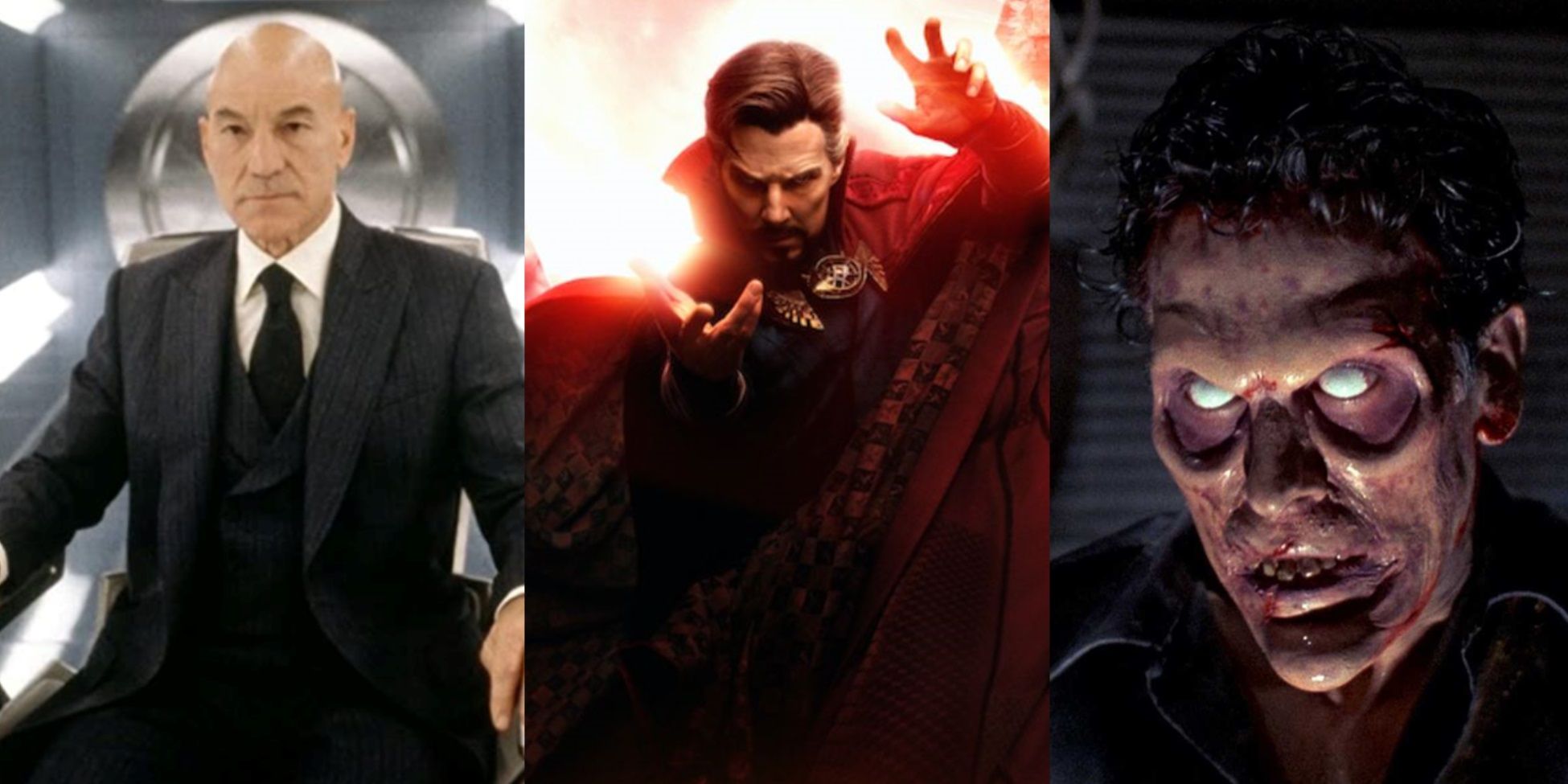 Split image of Patrick Stewart in X-Men, the Doctor Strange 2 poster, and Bruce Campbell in Evil Dead 2