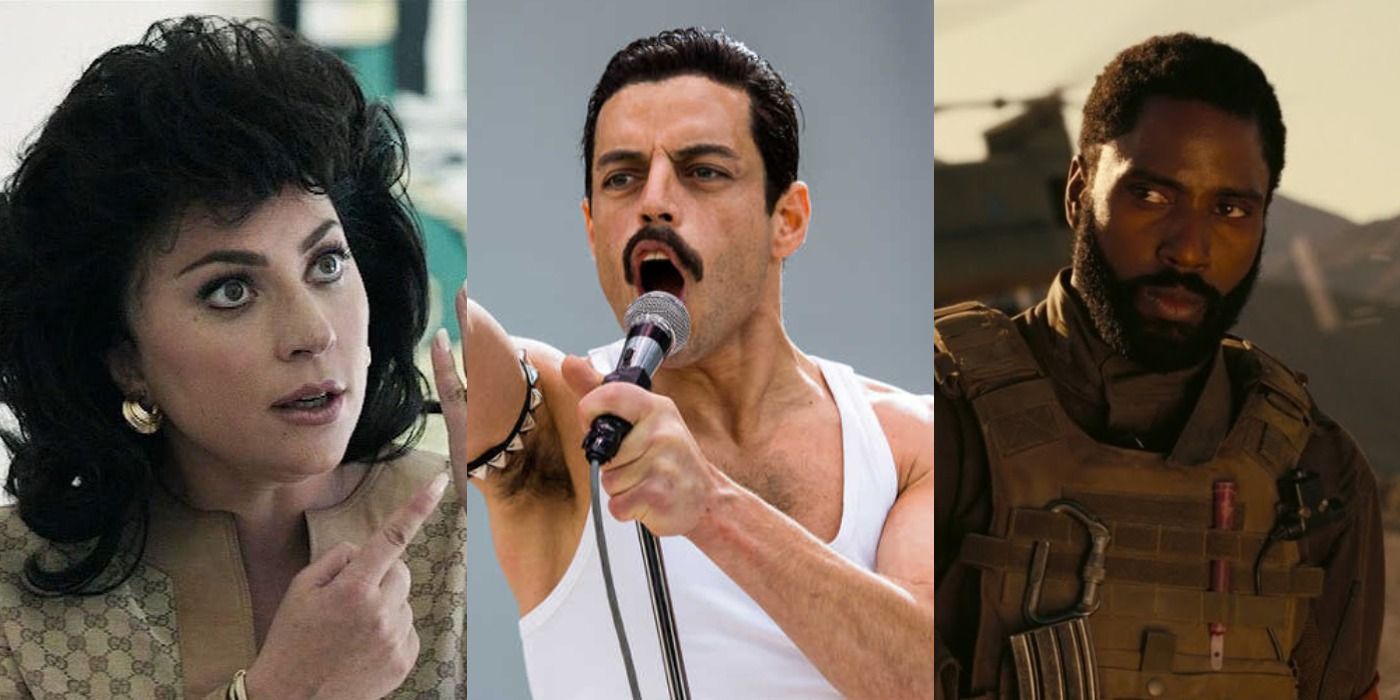 Split image of Patrizia in House of Gucci, Freddie in Bohemian Rhapsody, and the Protagonist in Tenet