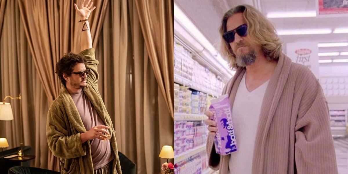 Split image of Pedro Pascal as Dieter Bravo in The Bubble and Jeff Bridges as The Dude in The Big Lebowski