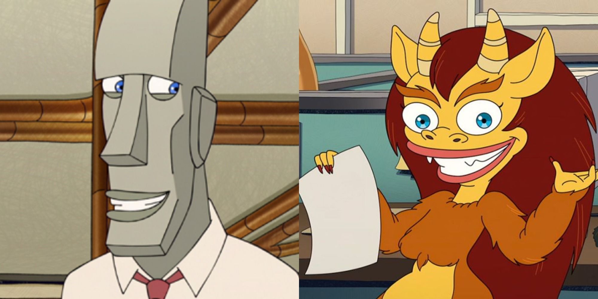 Split image of Pete the Logic Rock and Connie the Hormone Monster from Human Resources