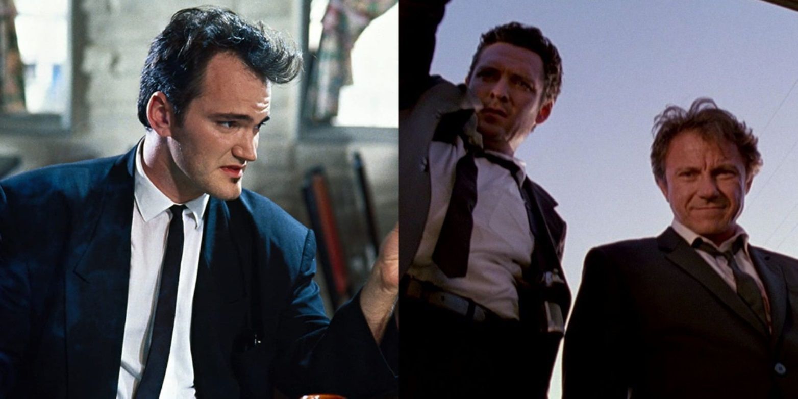 Split image of Quentin Tarantino in a diner and Michael Madsen and Harvey Keitel looking in a car in Reservoir Dogs