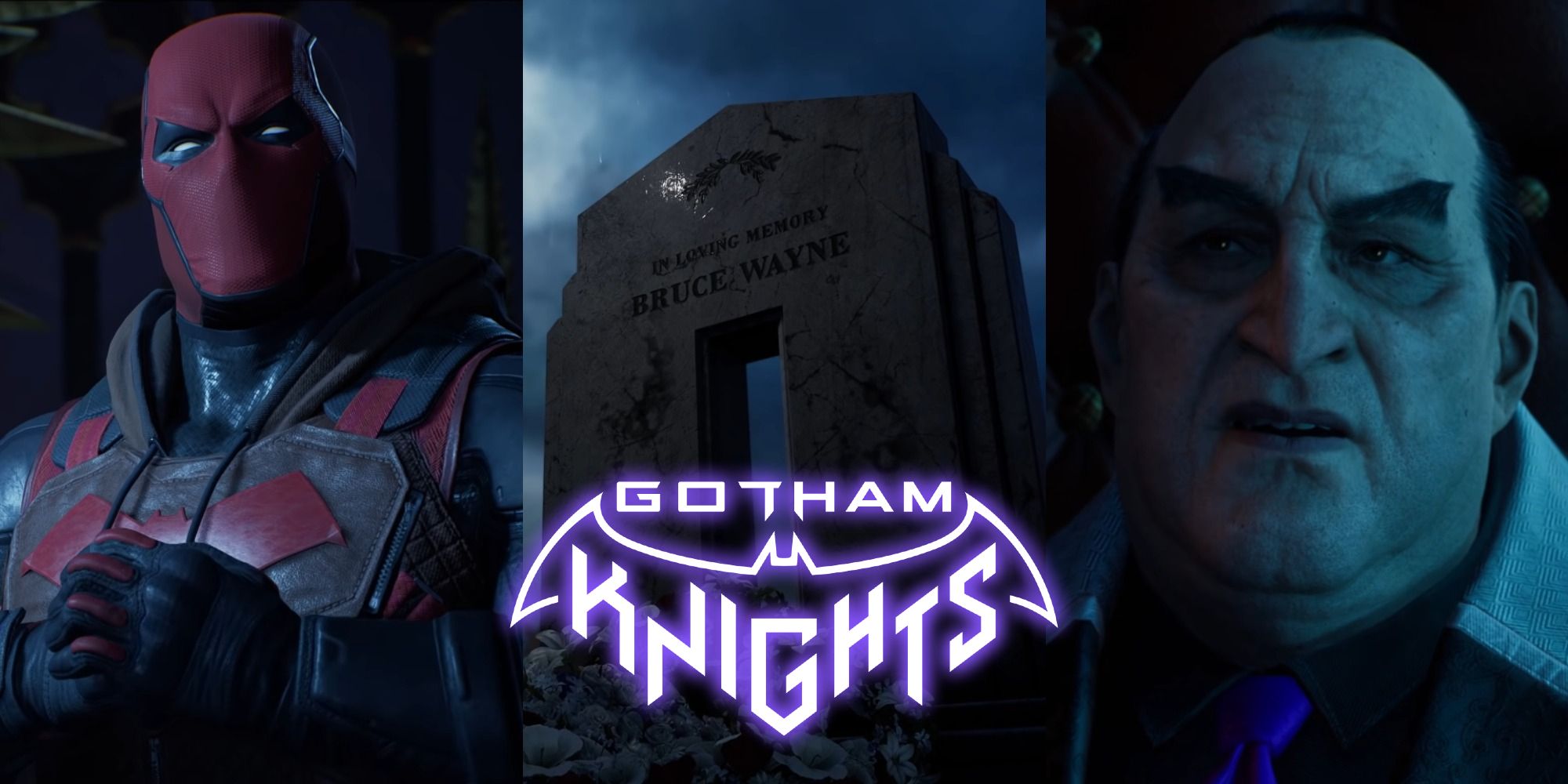 Split image of Red Hood, Bruce Wayne's grave, and Penguin in Gotham Knights