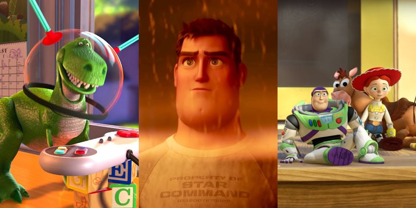 Split image of Rex, Buzz and the Toy Story crew in Lightyear feature