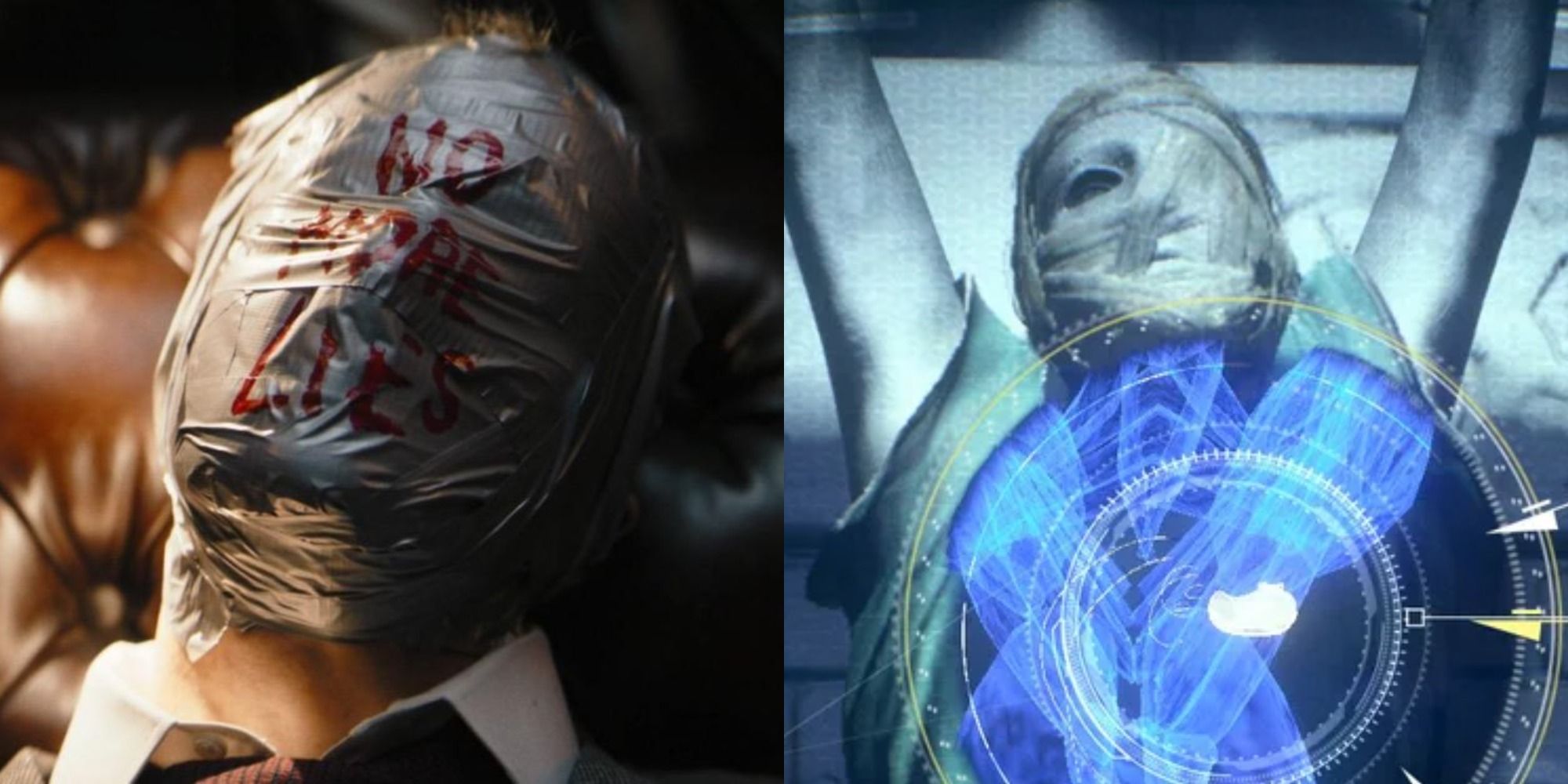 Split image of Riddler's victim in The Batman 2022 and Professor Pyg's victim in Batman Arkham Knight