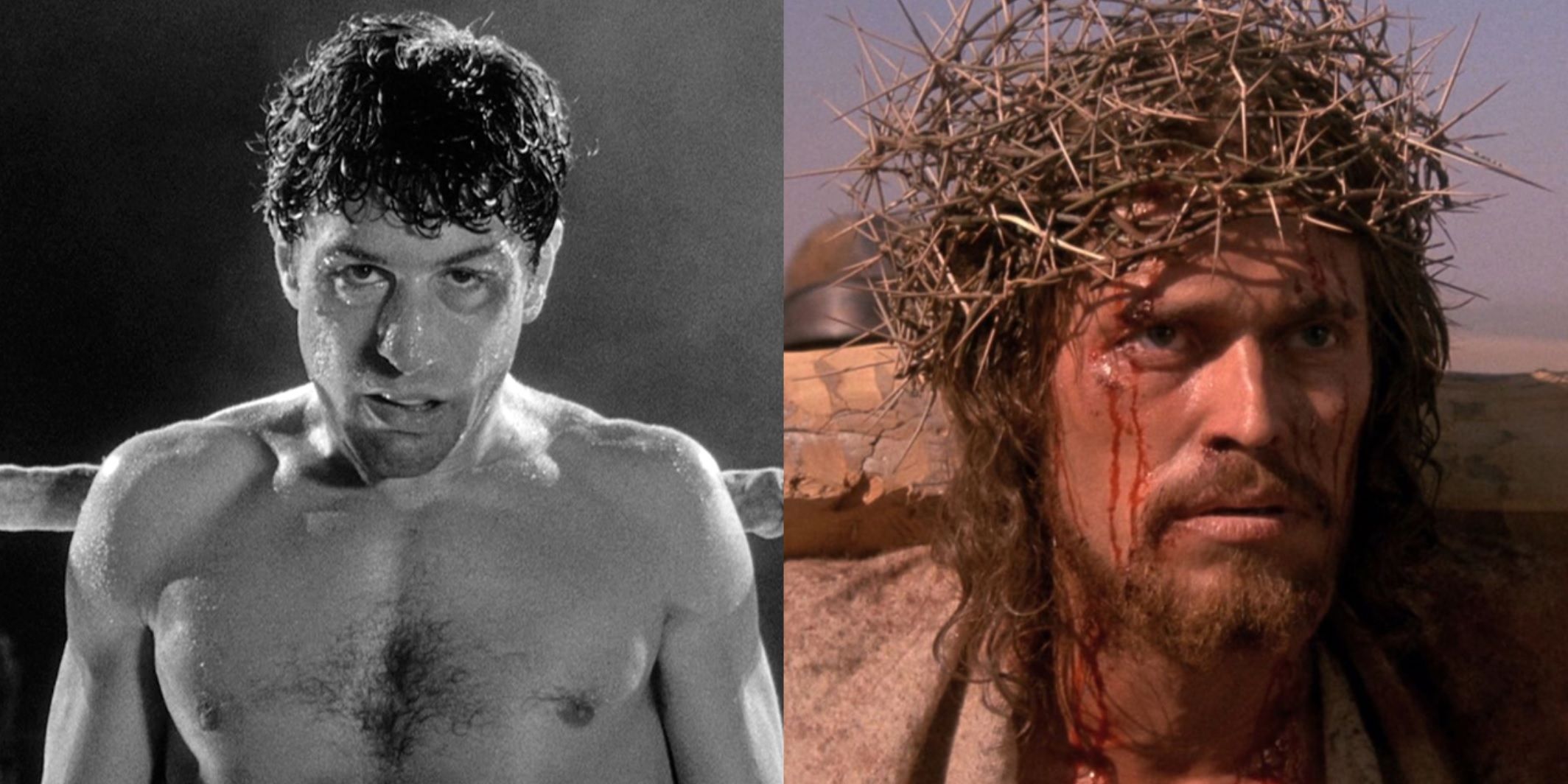 Split image of Robert De Niro in Raging Bull and Willem Dafoe in The Last Temptation of Christ