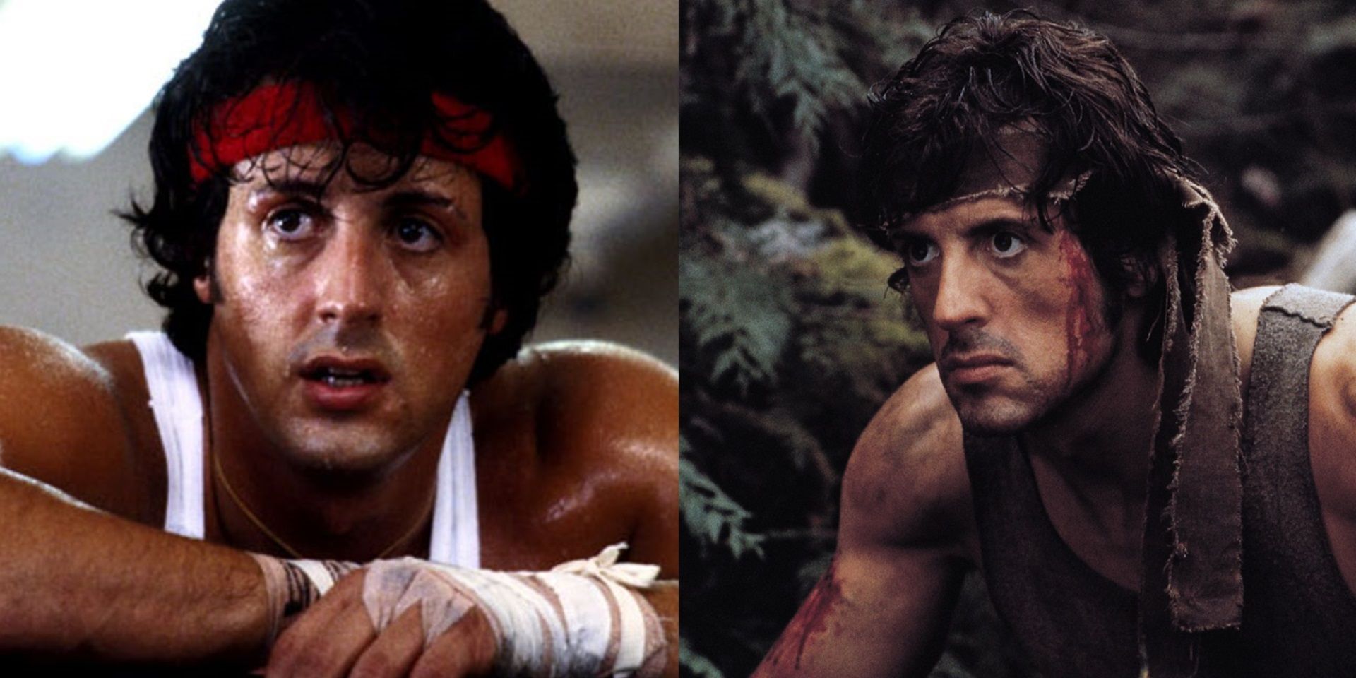 Split image of Rocky Balboa in the gym and John Rambo in the woods