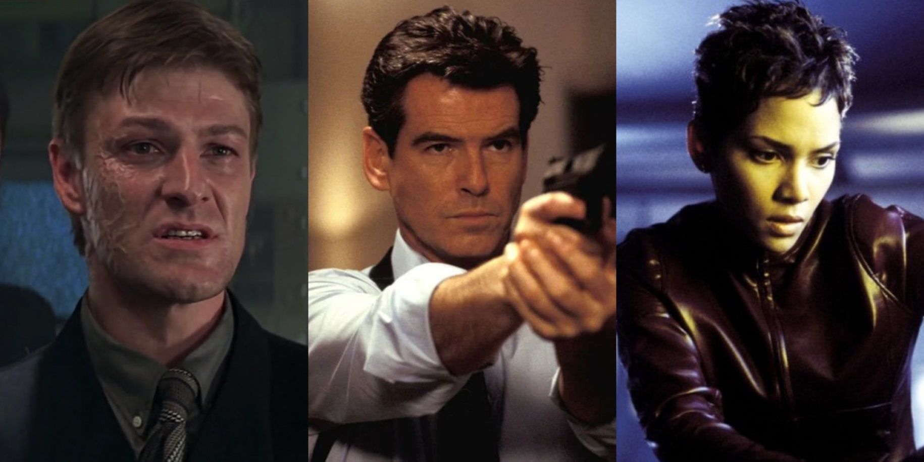 Split image of Sean Bean as Alec Trevelyan, Pierce Brosnan as James Bond, and Halle Berry as Jinx Johnson