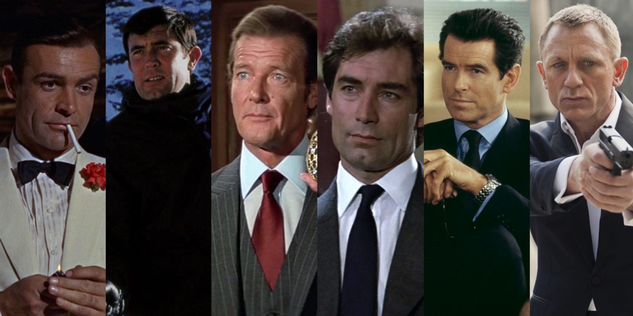 Split image of Sean Connery, George Lazenby, Roger Moore, Timothy Dalton, Pierce Brosnan and Daniel Craig as James Bond