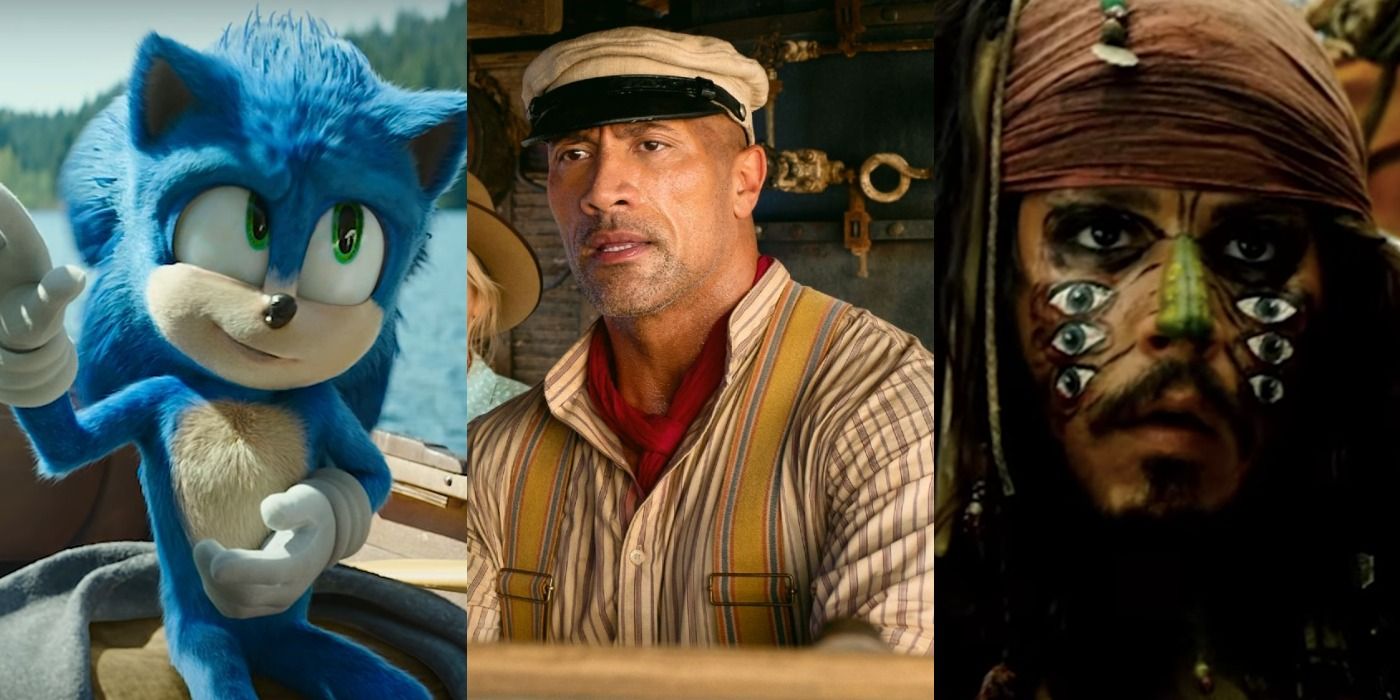 Split image of Sonic in Sonic the Hedgehog 2, Frank in Jungle Cruise, and Jack Sparrow in Dead Man's Chest