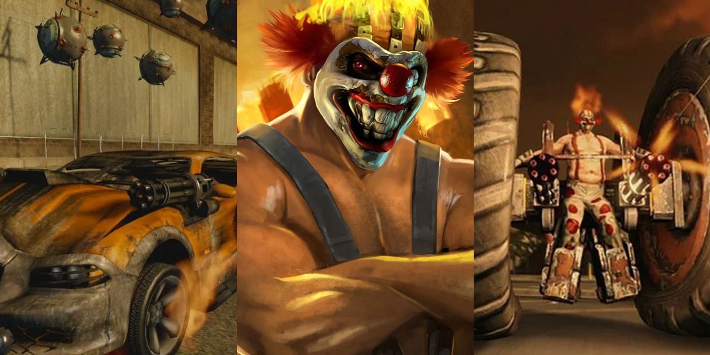 Split image of Sweet Tooth and cars from Twisted Metal feature