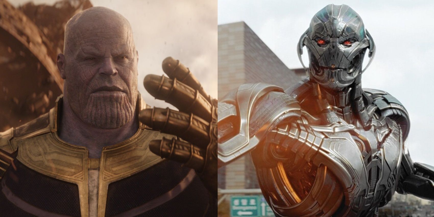 Split image of Thanos in Avengers Infinity War and Ultron in Avengers Age of Ultron