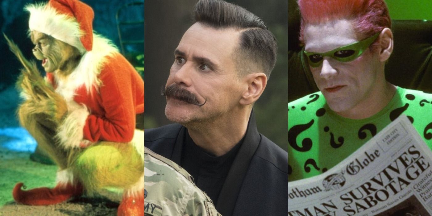 Split image of The Grinch in How the Grinch Stole Christmas, Robotnik in SOnic the Hedgehog, and The Riddler in Batman Forever