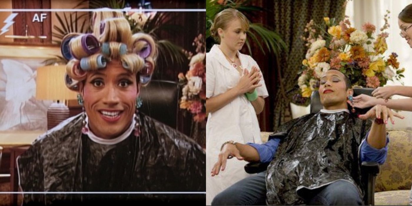 Split image of The Rock guest starring on Hannah Montana on Disney