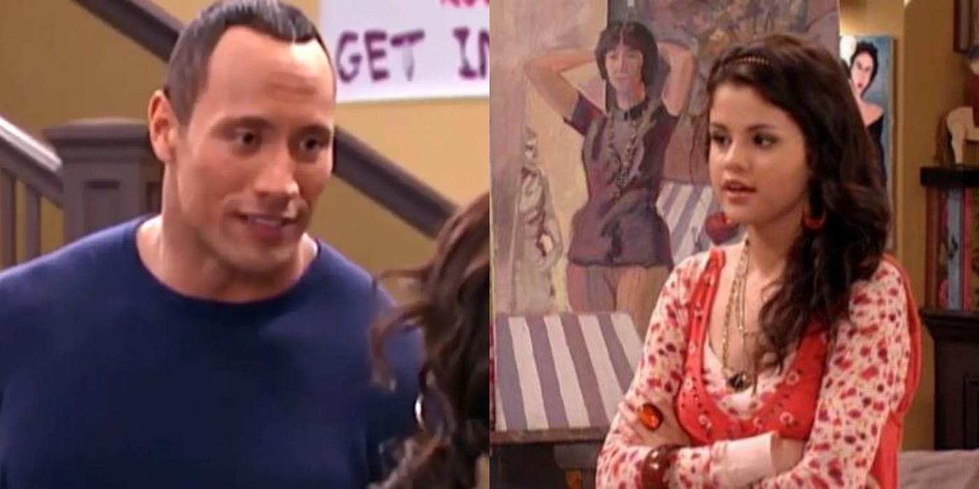 Split image of The Rock guest starring on Wizards of Waverly Place on DIsney