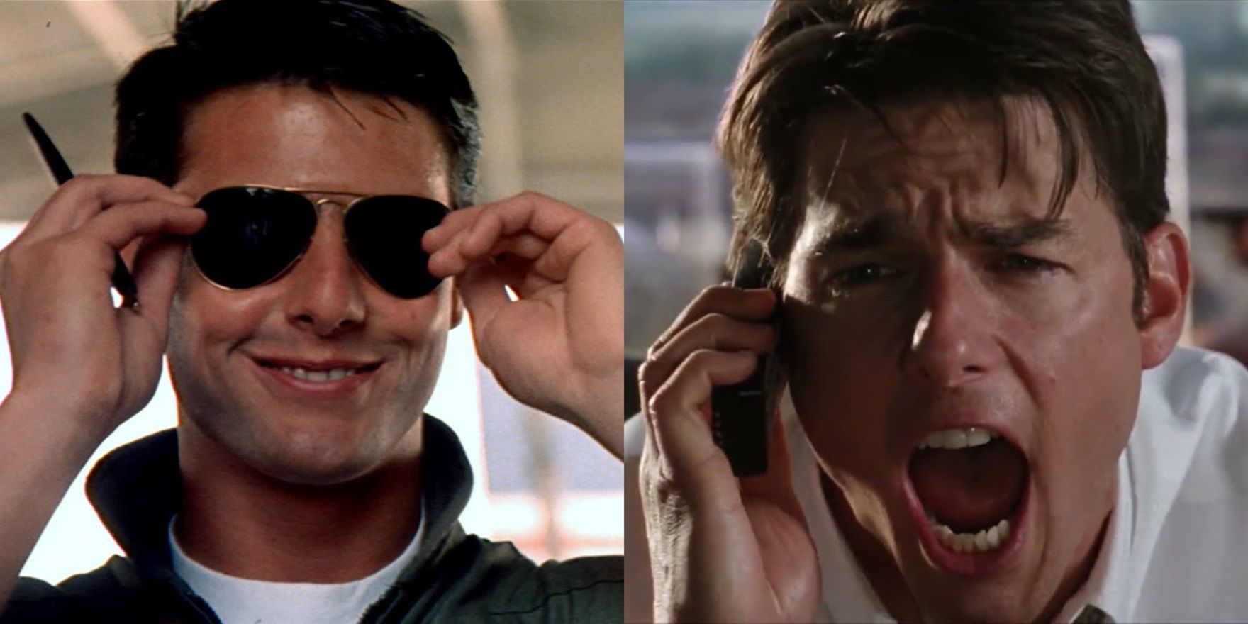 Split image of Tom Cruise as Maverick in Top Gun and Jerry in Jerry Maguire