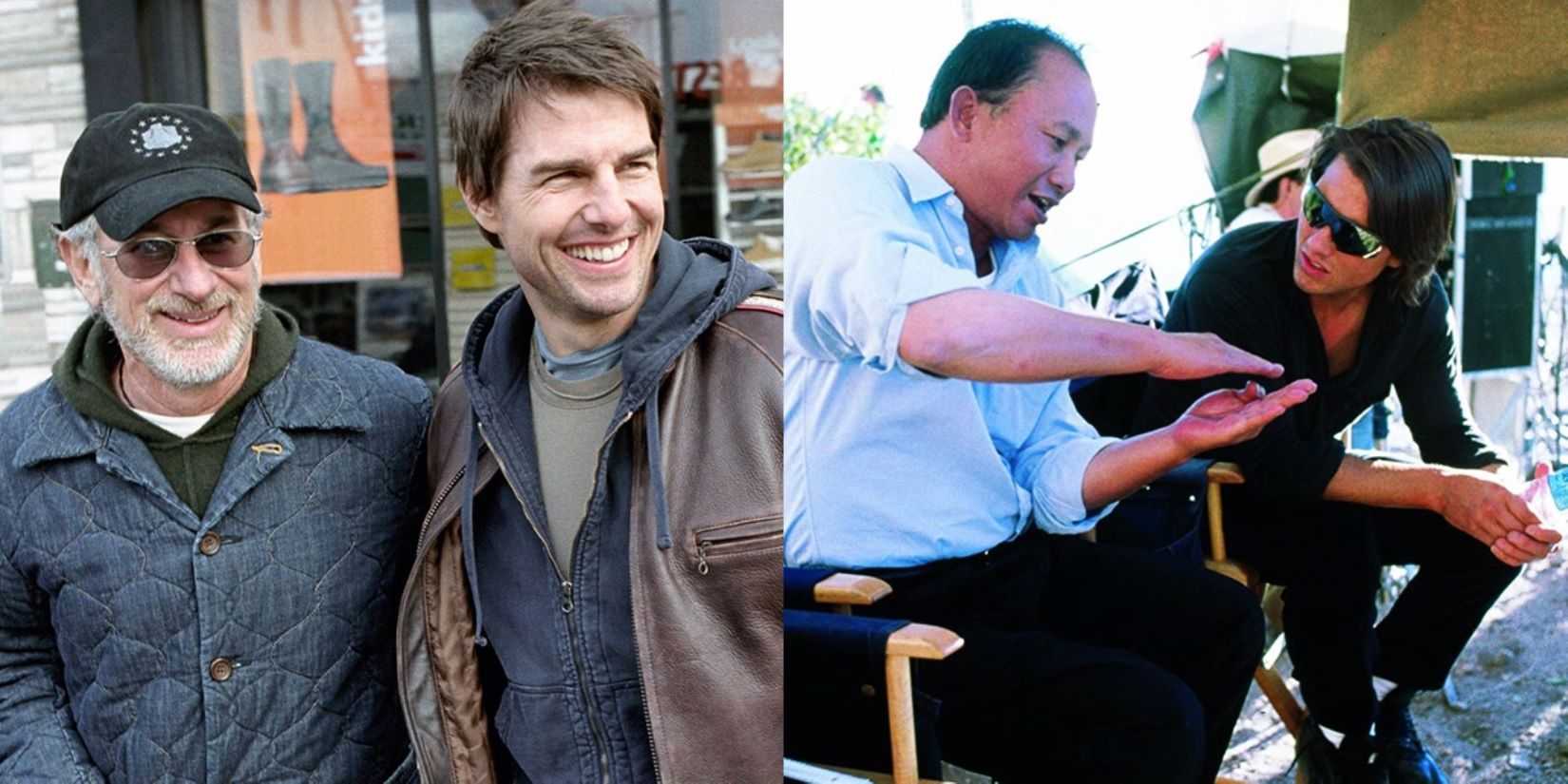 Split image of Tom Cruise on set with Steven Spielberg and John Woo