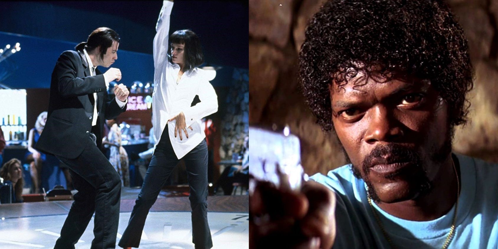 Split image of Vincent and Mia dancing and Jules holding a gun in Pulp Fiction